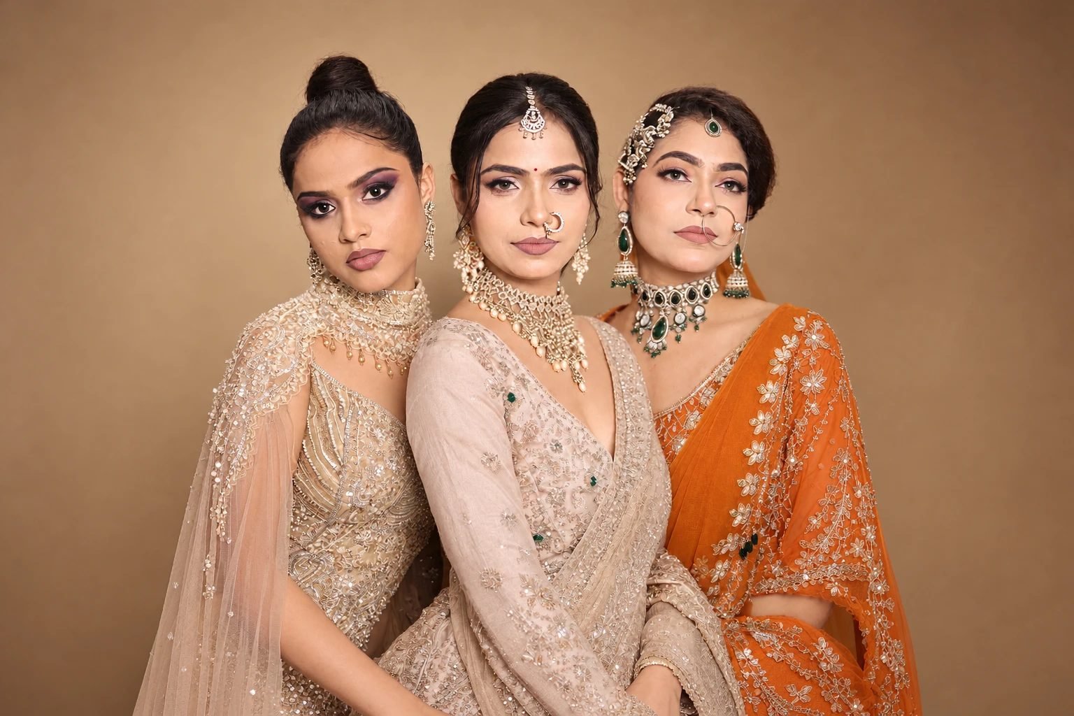 Three Sharyum brides in bridal and party makeup, jewellery and lehengas